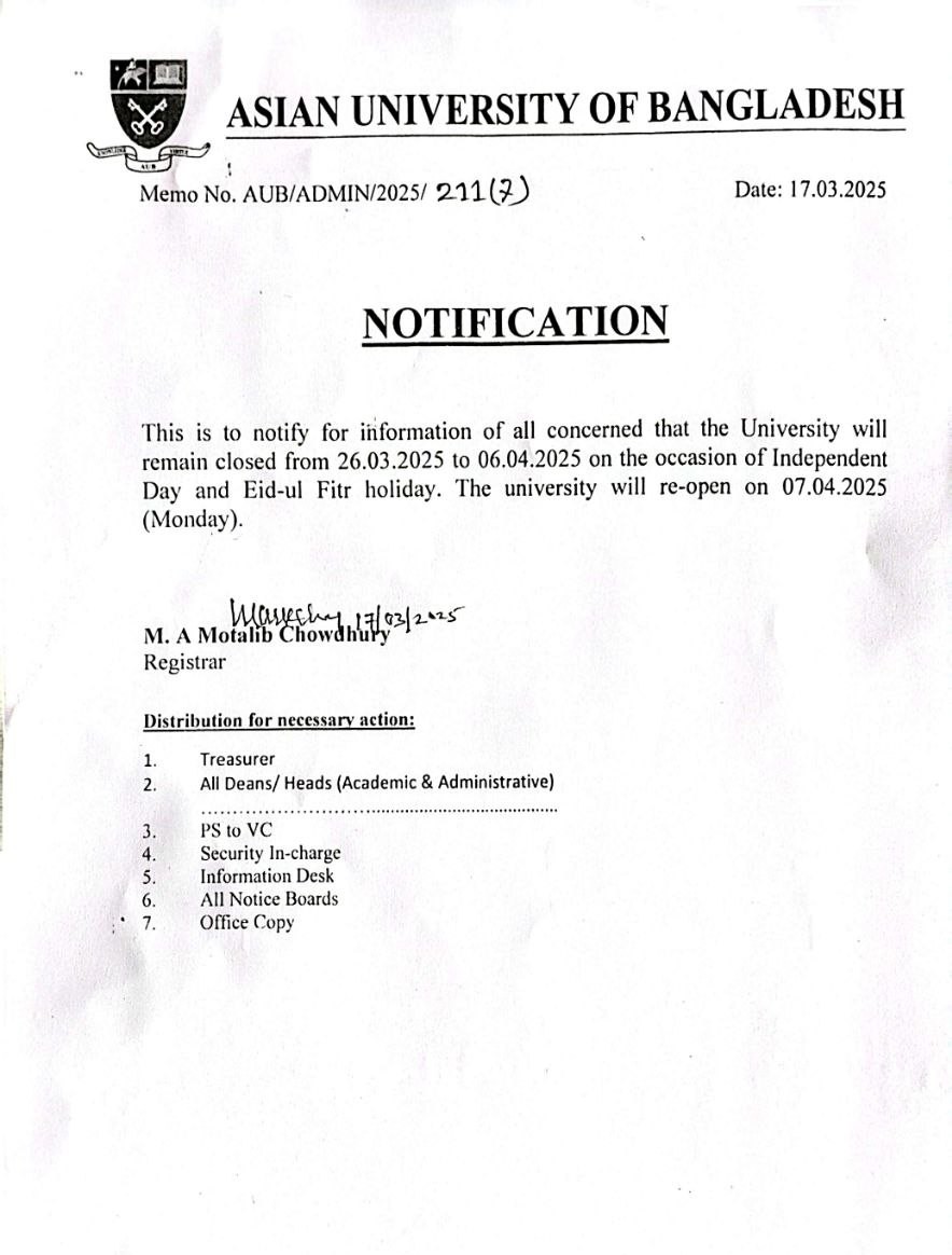 Notice for Independence Day & Eid-ul-fitr Holiday