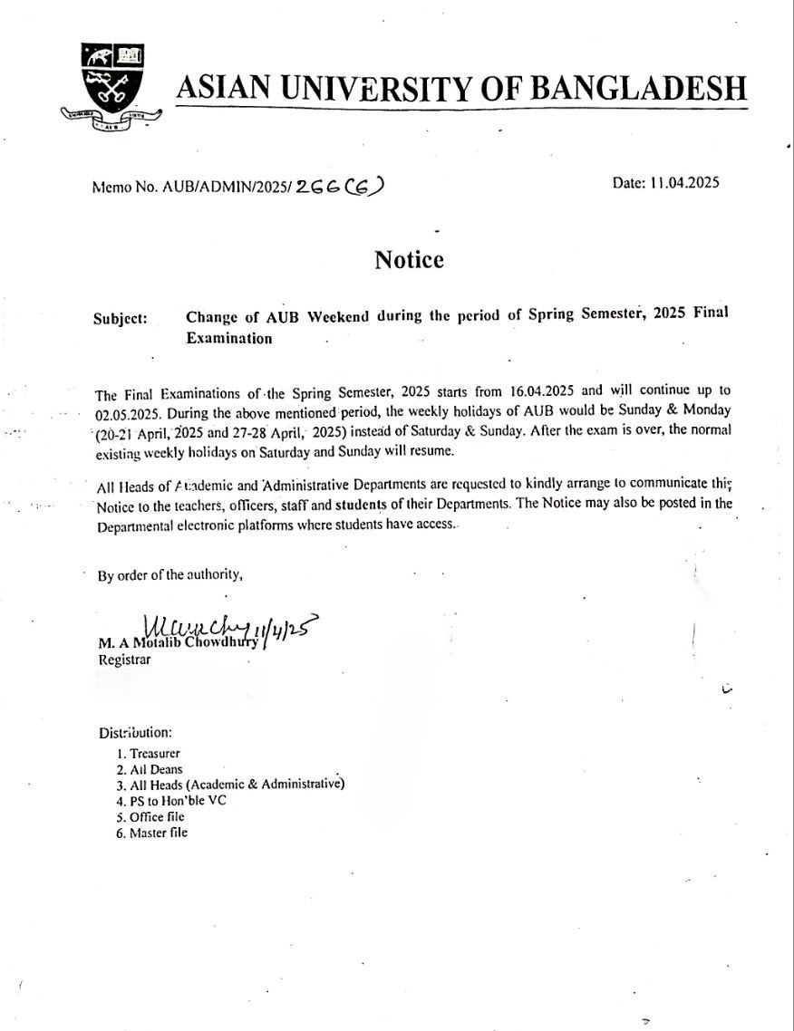 Temporary Change in AUB Weekly Holidays During Spring 2025 Final Exams image
