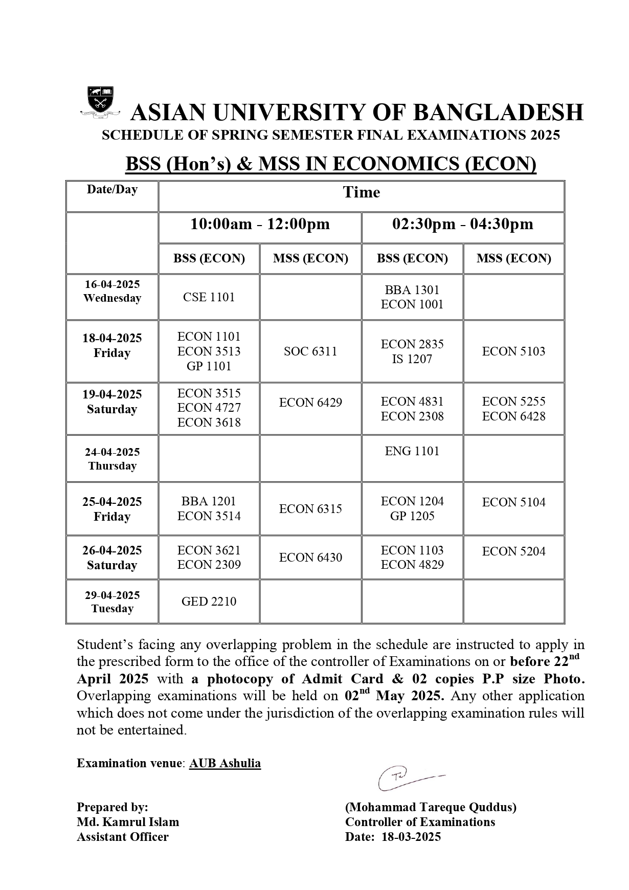 Spring 2025 semester Final exam Routine image